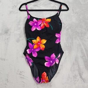 Vintage Beach Cabana Swimsuit M Black Floral One Piece Padded Lined Stretch